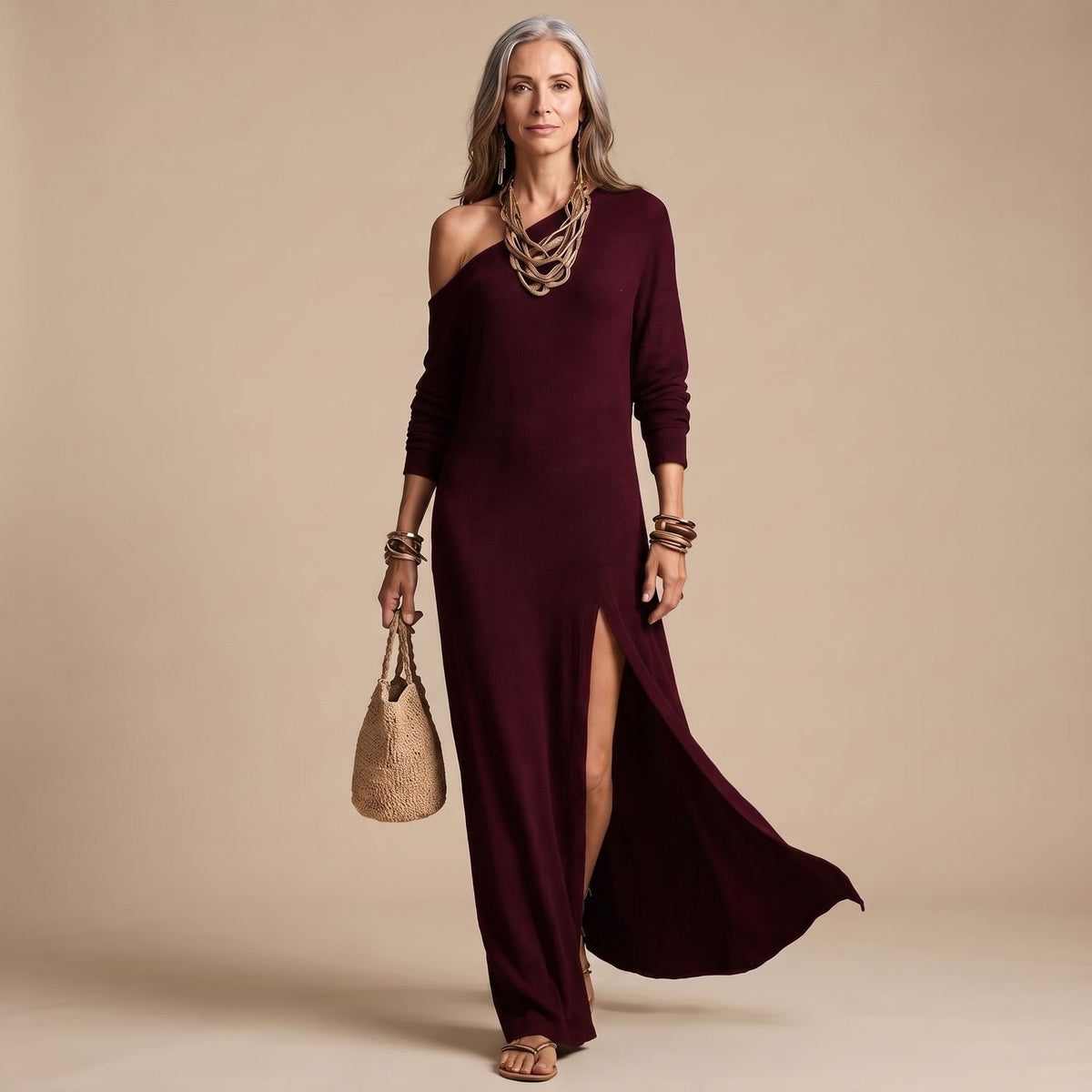 Women's One-Shoulder Long Sleeve Ribbed Maxi Dress High Slit - Burgundy