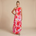 Women's One-Shoulder Pleated Bodice Floral Maxi Dress