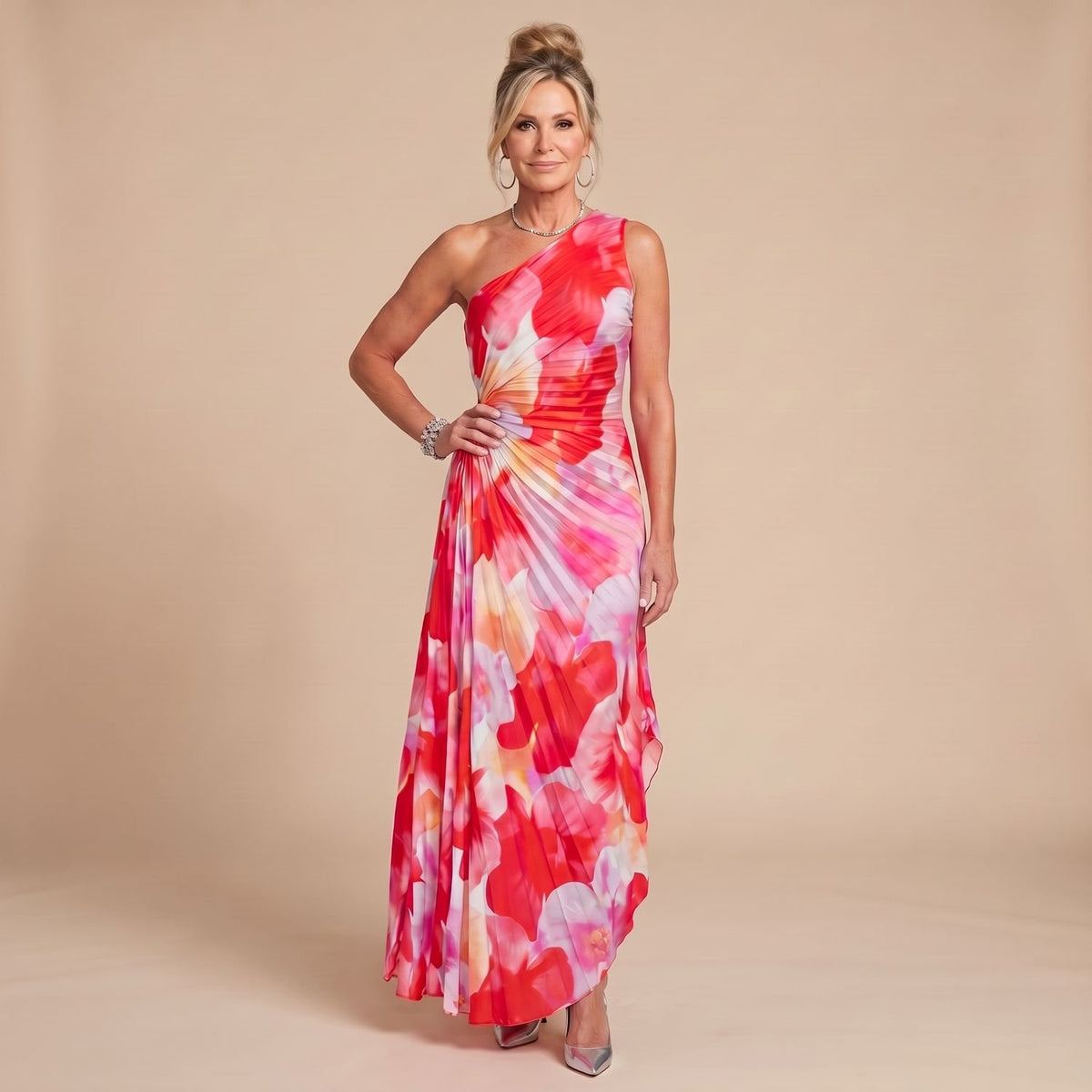 Women's One-Shoulder Pleated Bodice Floral Maxi Dress