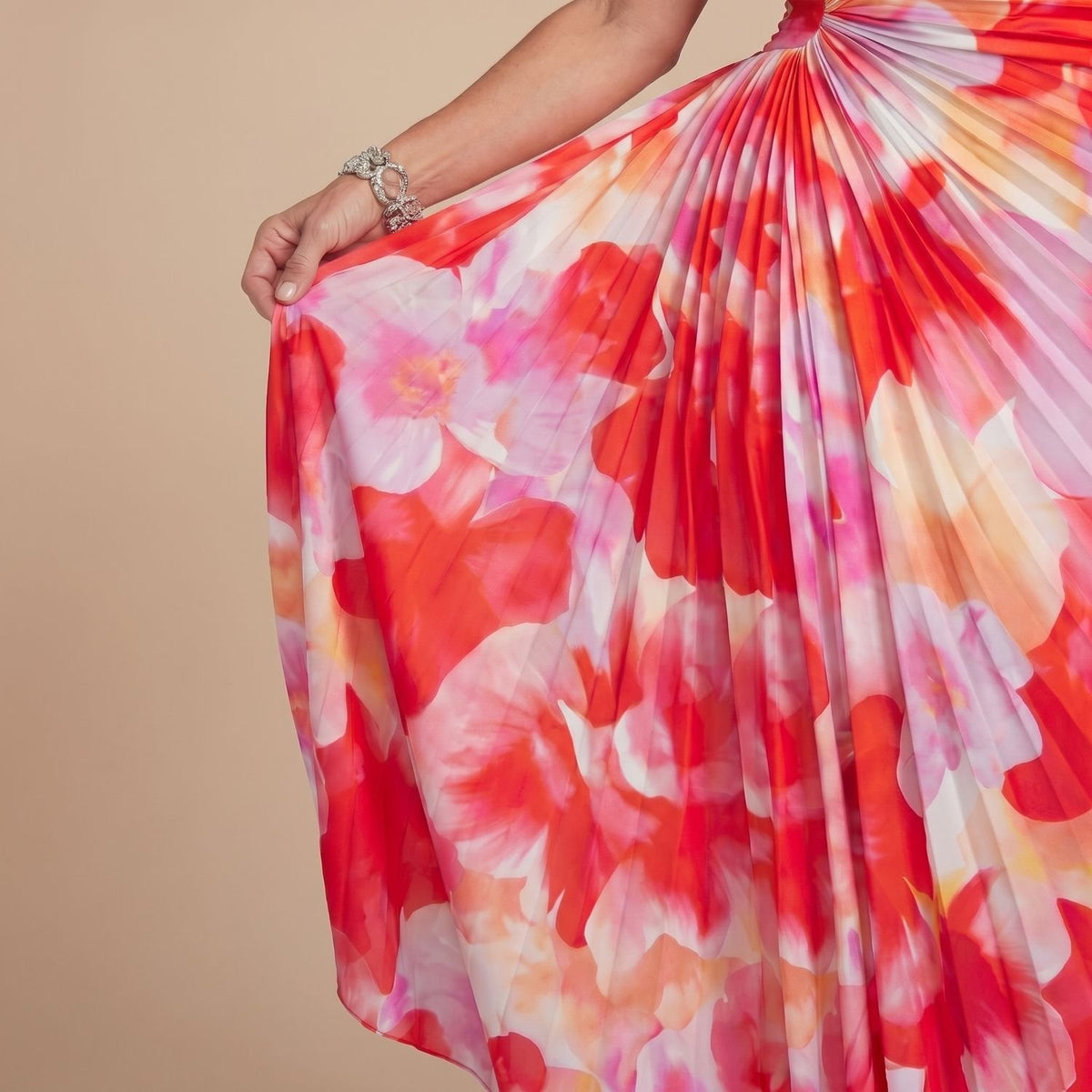 Women's One-Shoulder Pleated Bodice Floral Maxi Dress