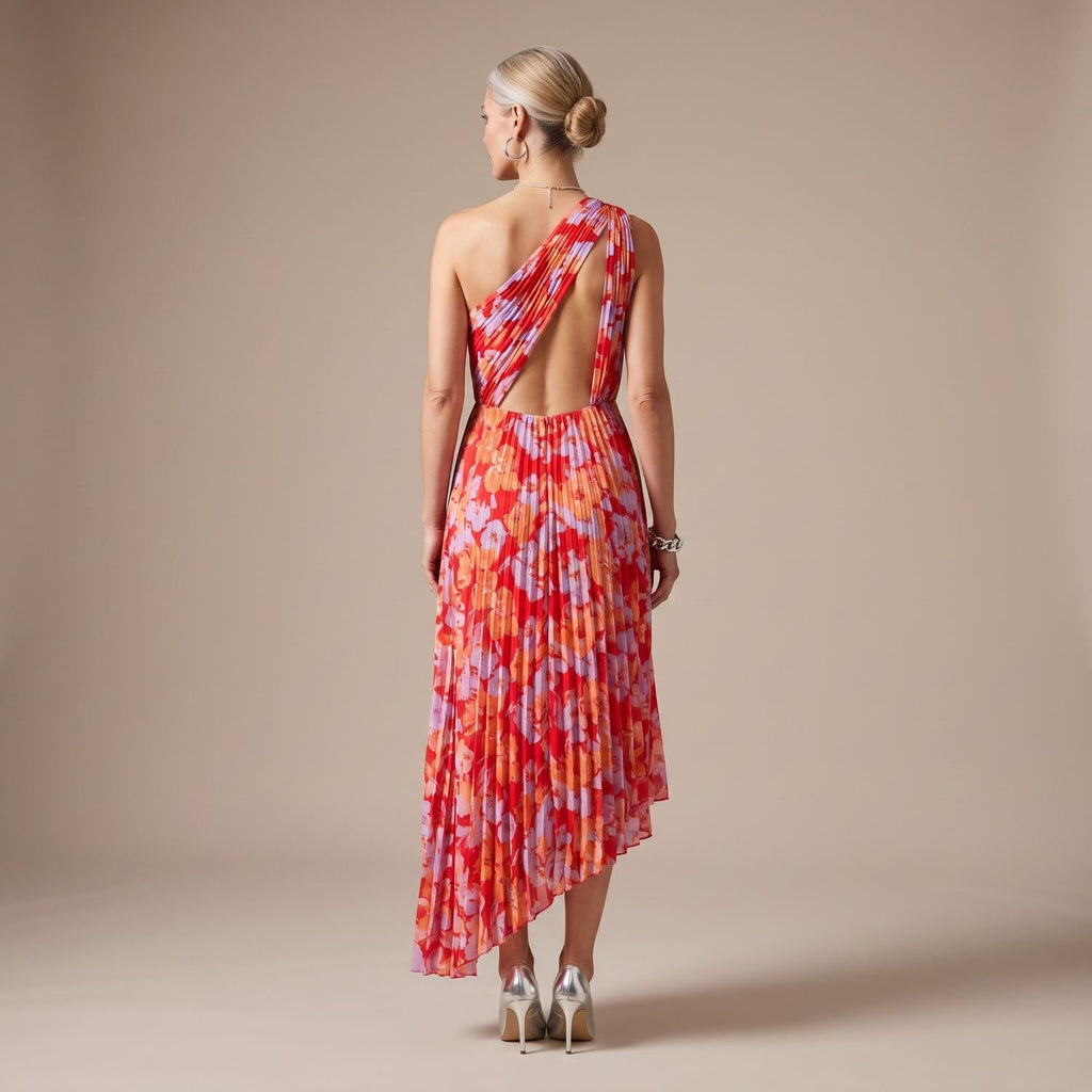 Women's One-Shoulder Pleated Bodice Floral Maxi Dress