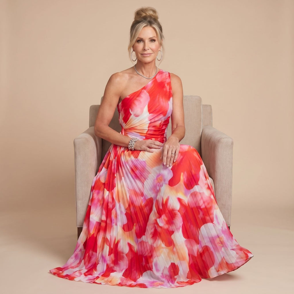 Women's One-Shoulder Pleated Bodice Floral Maxi Dress