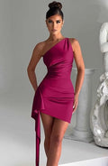 Women's One-Shoulder Ruched Asymmetric Satin Cocktail Dress - Magenta