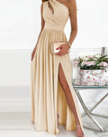Women's One-Shoulder Ruched Maxi Gala Dress High Slit - Apricot