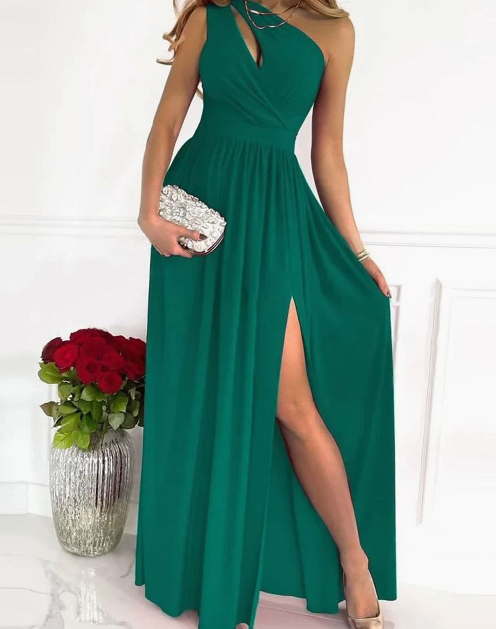 Women's One-Shoulder Ruched Maxi Gala Dress High Slit