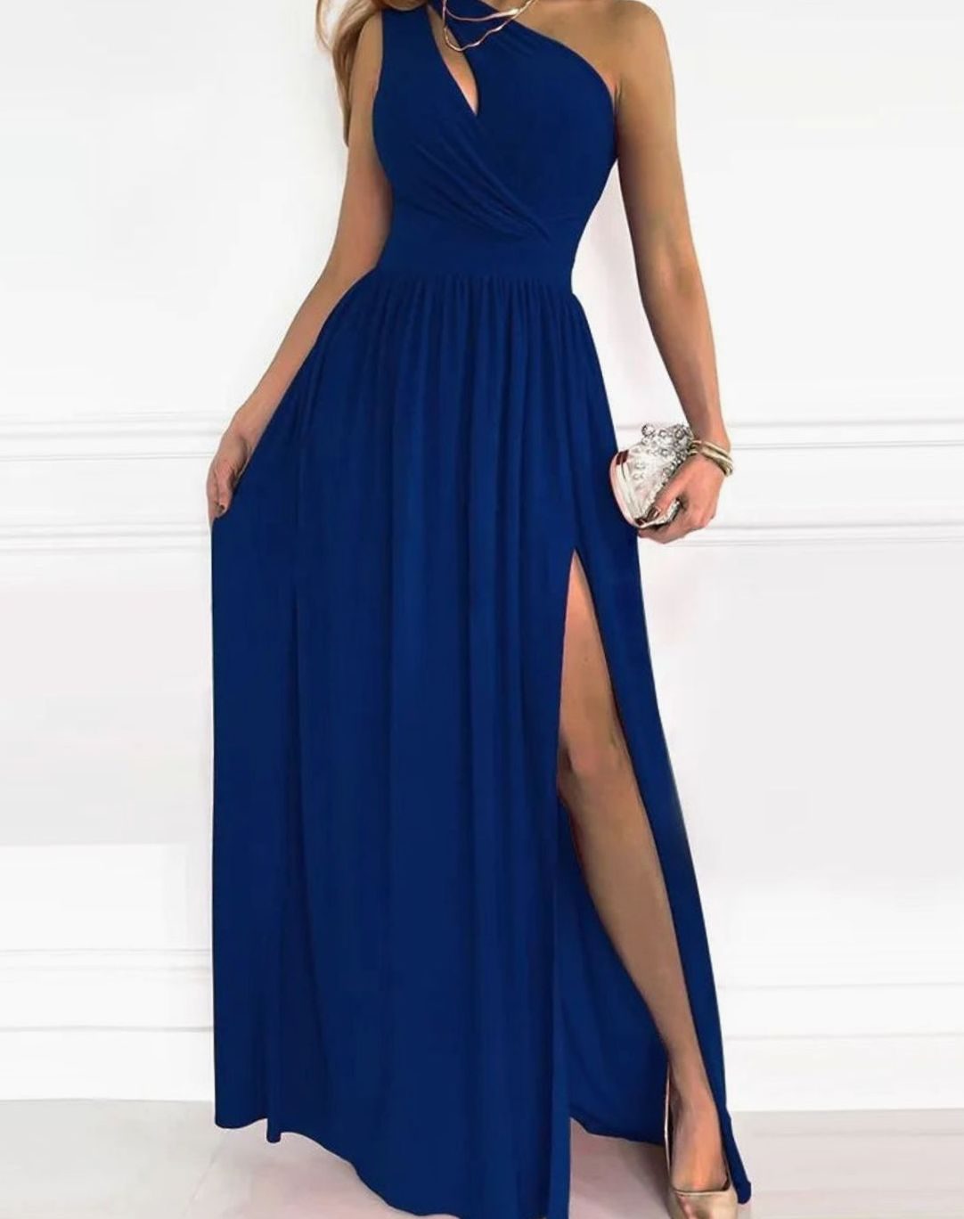Women's One-Shoulder Ruched Maxi Gala Dress High Slit