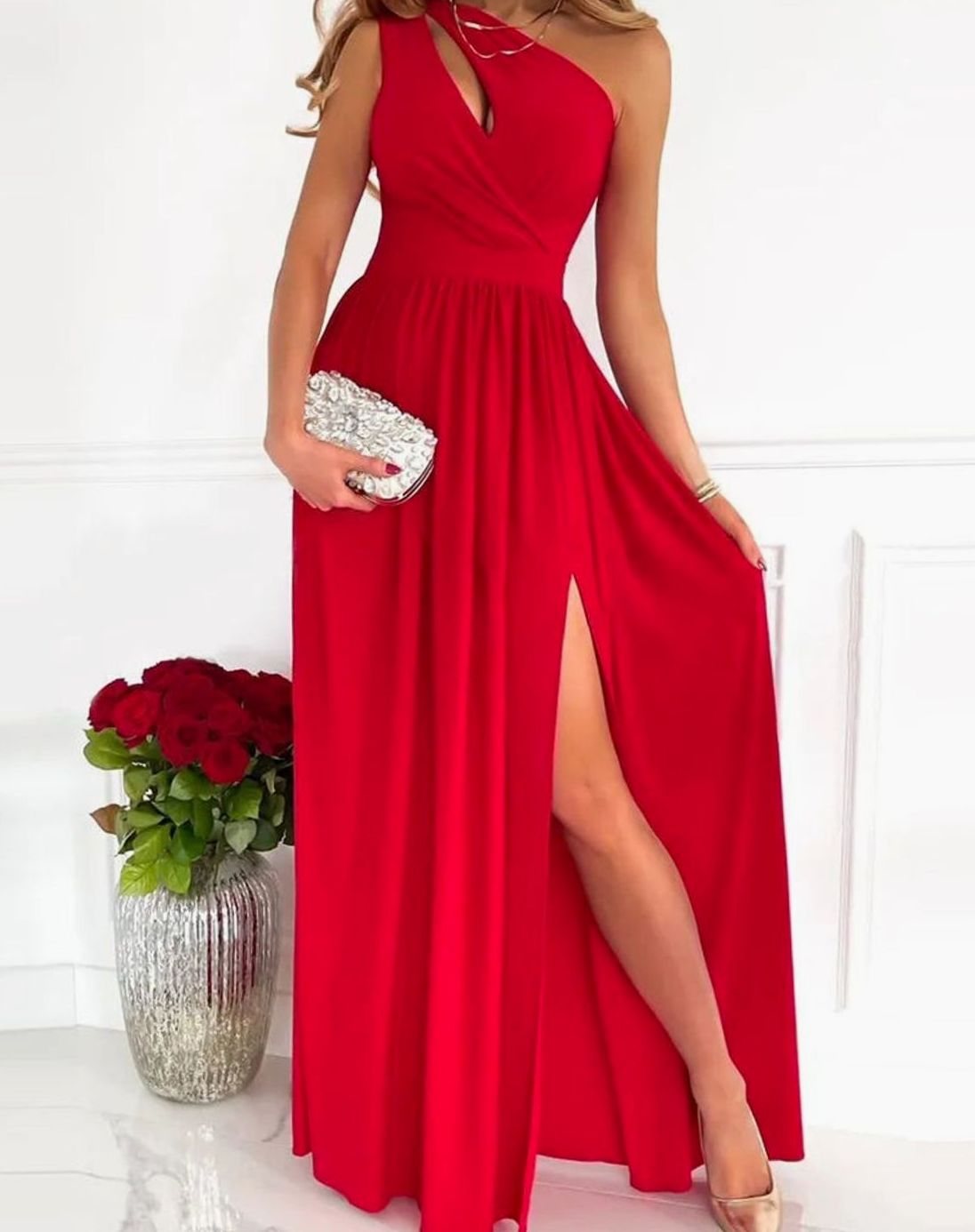 Women's One-Shoulder Ruched Maxi Gala Dress High Slit