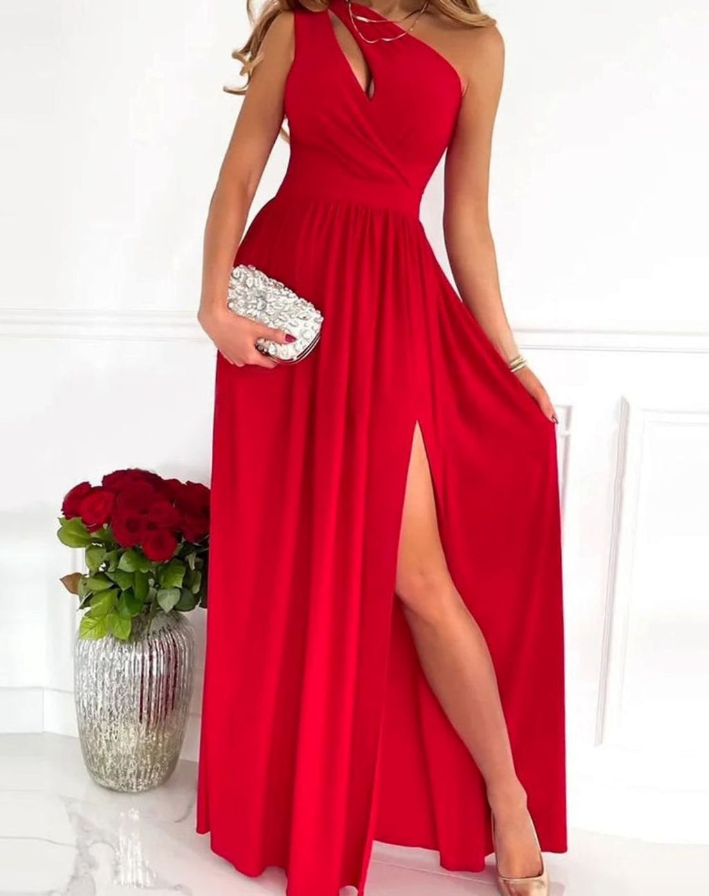 Women's One-Shoulder Ruched Maxi Gala Dress High Slit - Red