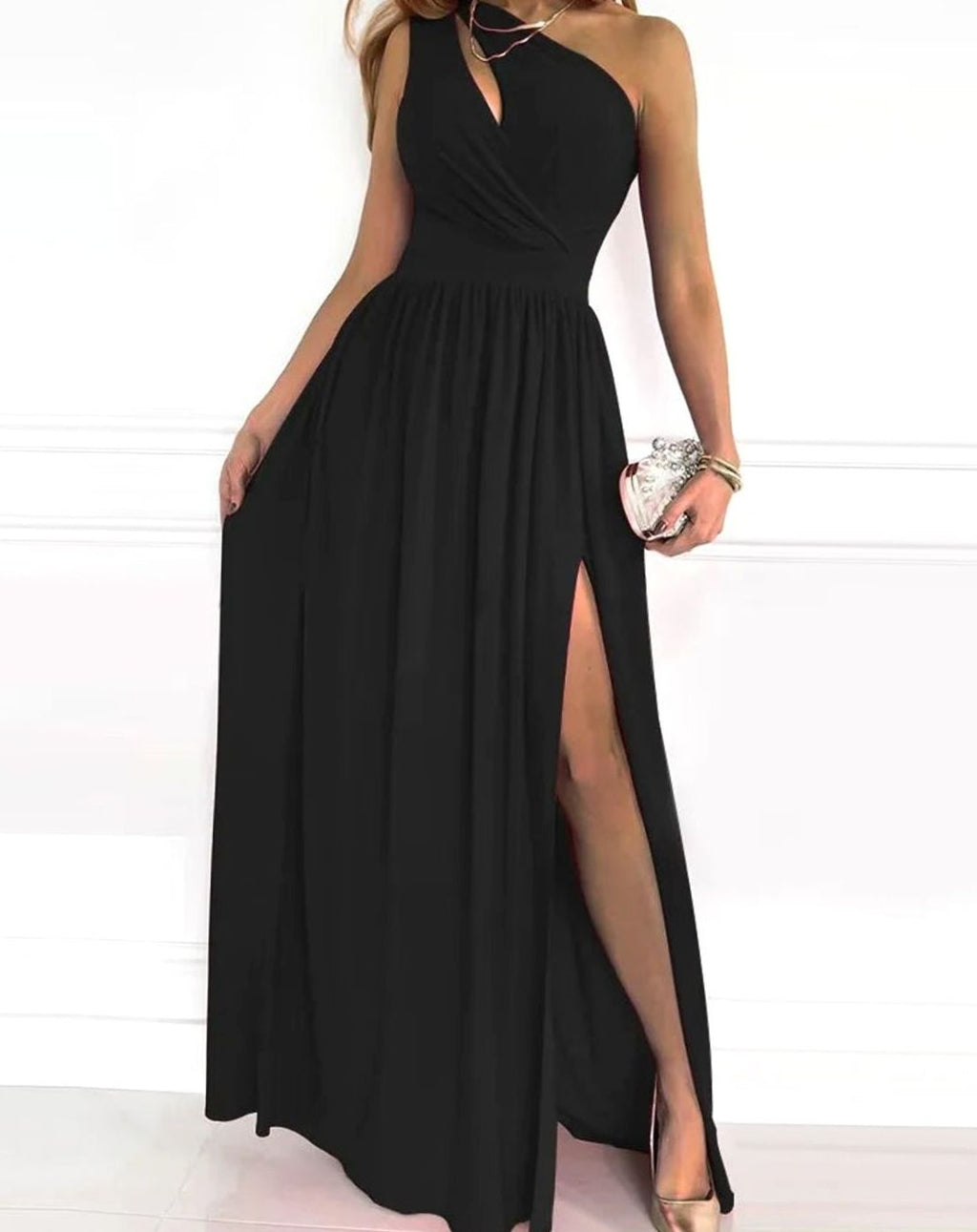Women's One-Shoulder Ruched Maxi Gala Dress High Slit - Black