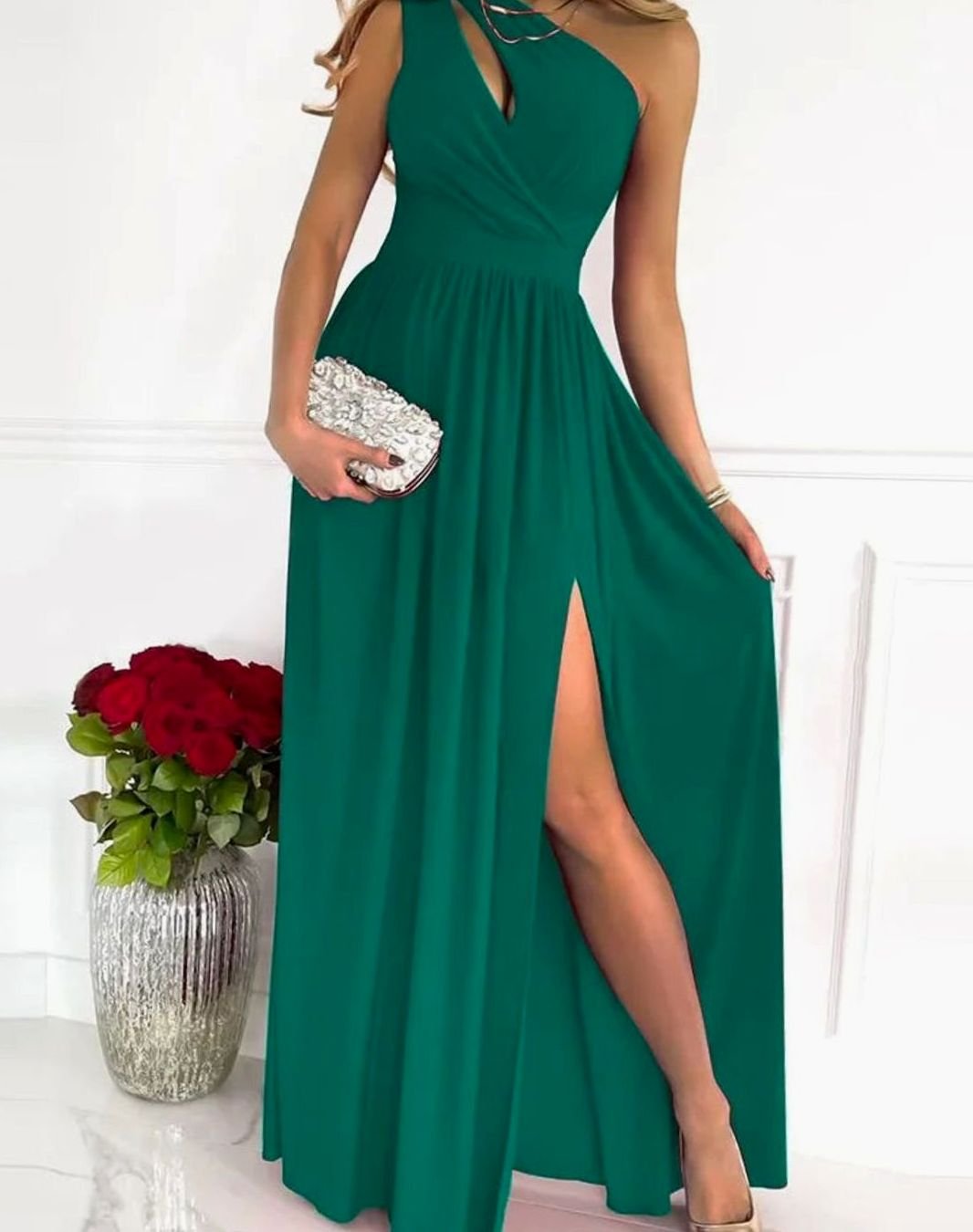 Women's One-Shoulder Ruched Maxi Gala Dress High Slit - Green