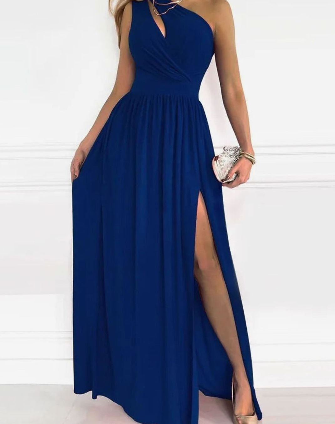 Women's One-Shoulder Ruched Maxi Gala Dress High Slit - Blue