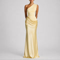 Women's One-Shoulder Satin Draped Maxi Fall Wedding Guest Dress - Yellow