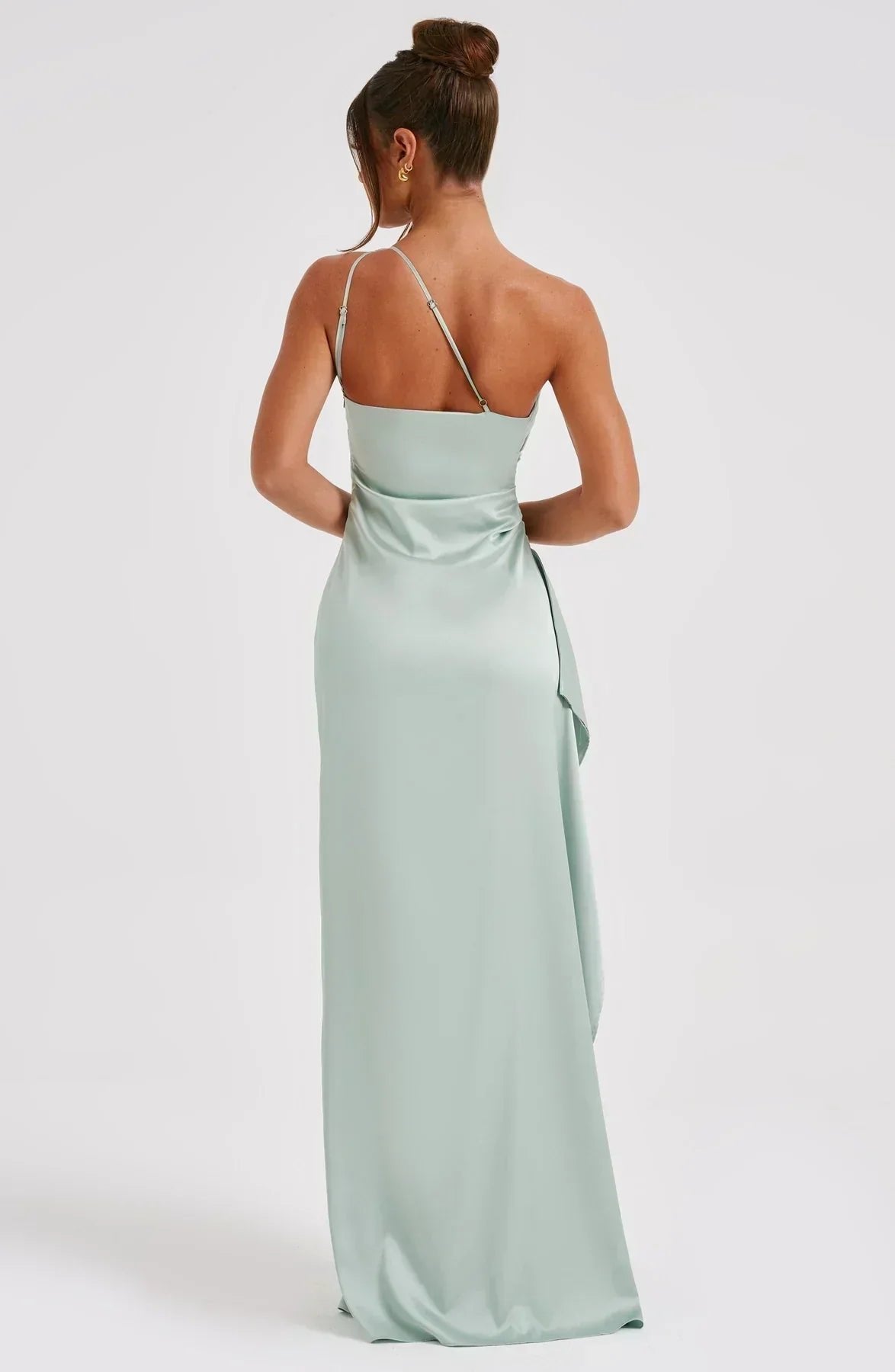 Women's One-Shoulder Satin Maxi Dress High-Slit Evening Gown