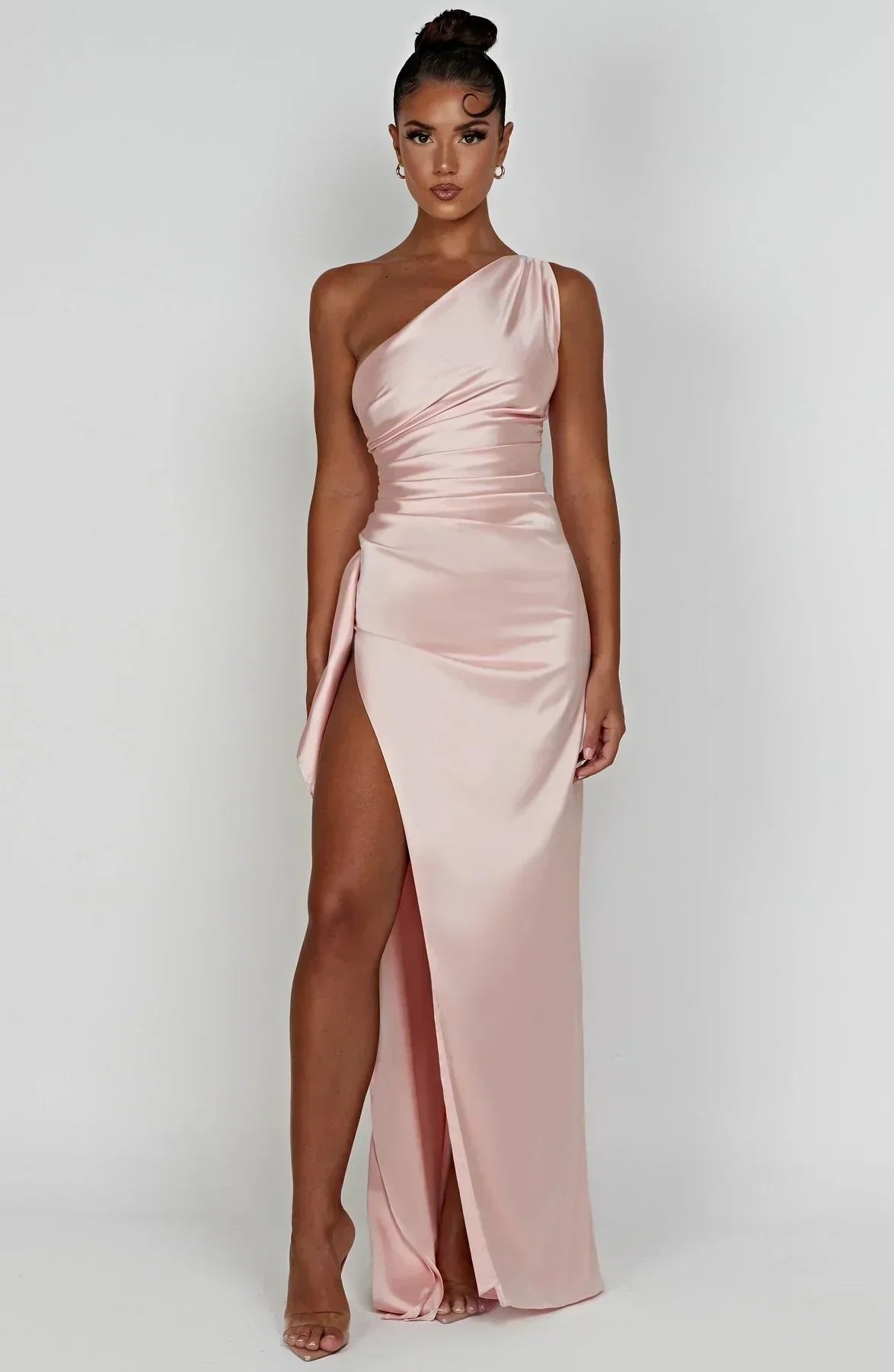 Women's One-Shoulder Satin Maxi Dress High-Slit Evening Gown - Pink