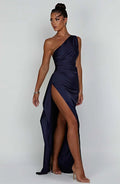 Women's One-Shoulder Satin Maxi Dress High-Slit Evening Gown - Blue