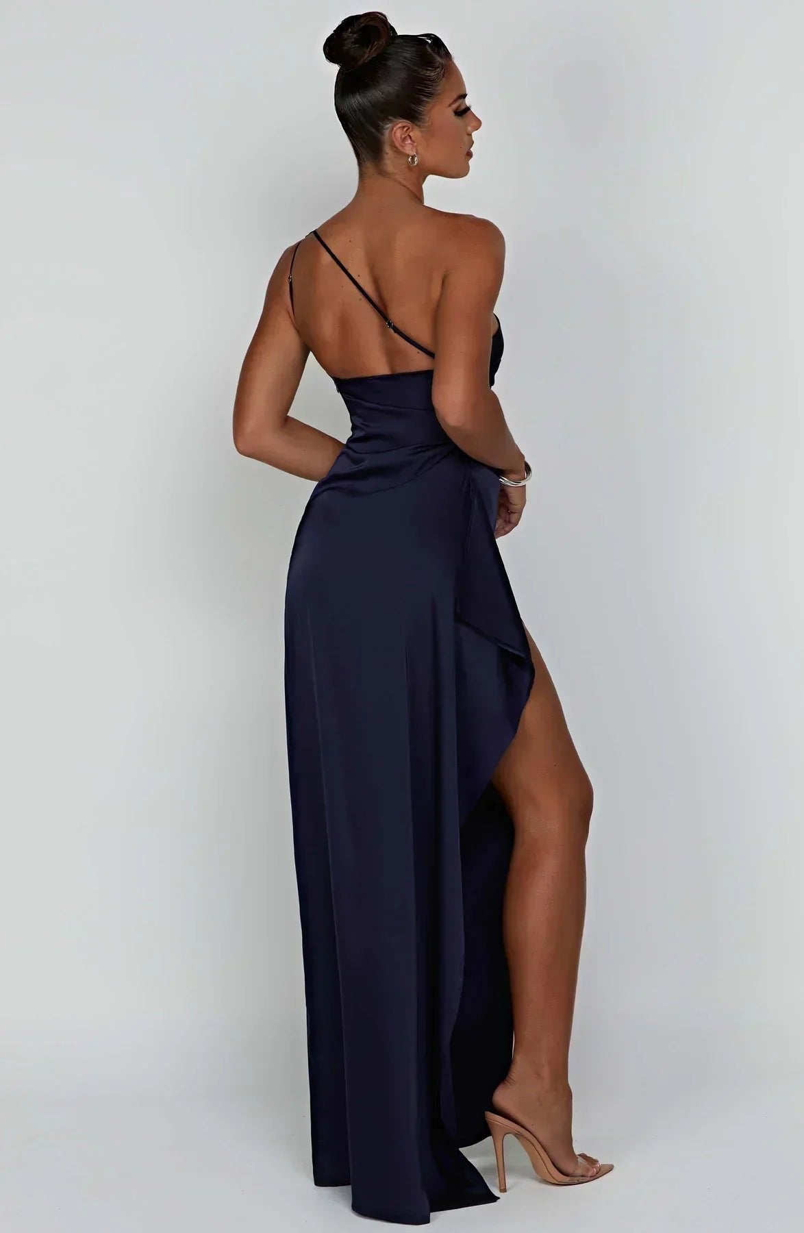 Women's One-Shoulder Satin Maxi Dress High-Slit Evening Gown