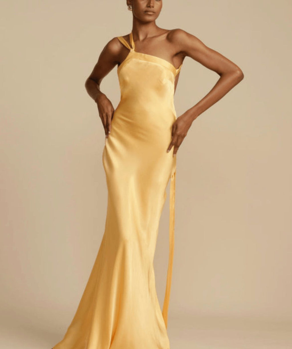 Women's One-Shoulder Satin Maxi Gown Christmas Party Dress - Gold