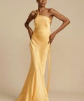 Women's One-Shoulder Satin Maxi Gown Christmas Party Dress - Gold