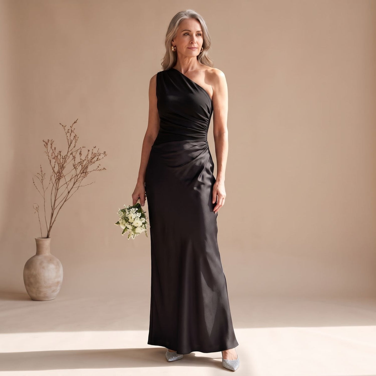 Women's One-Shoulder Satin Ruched Maxi Evening Dress - Black