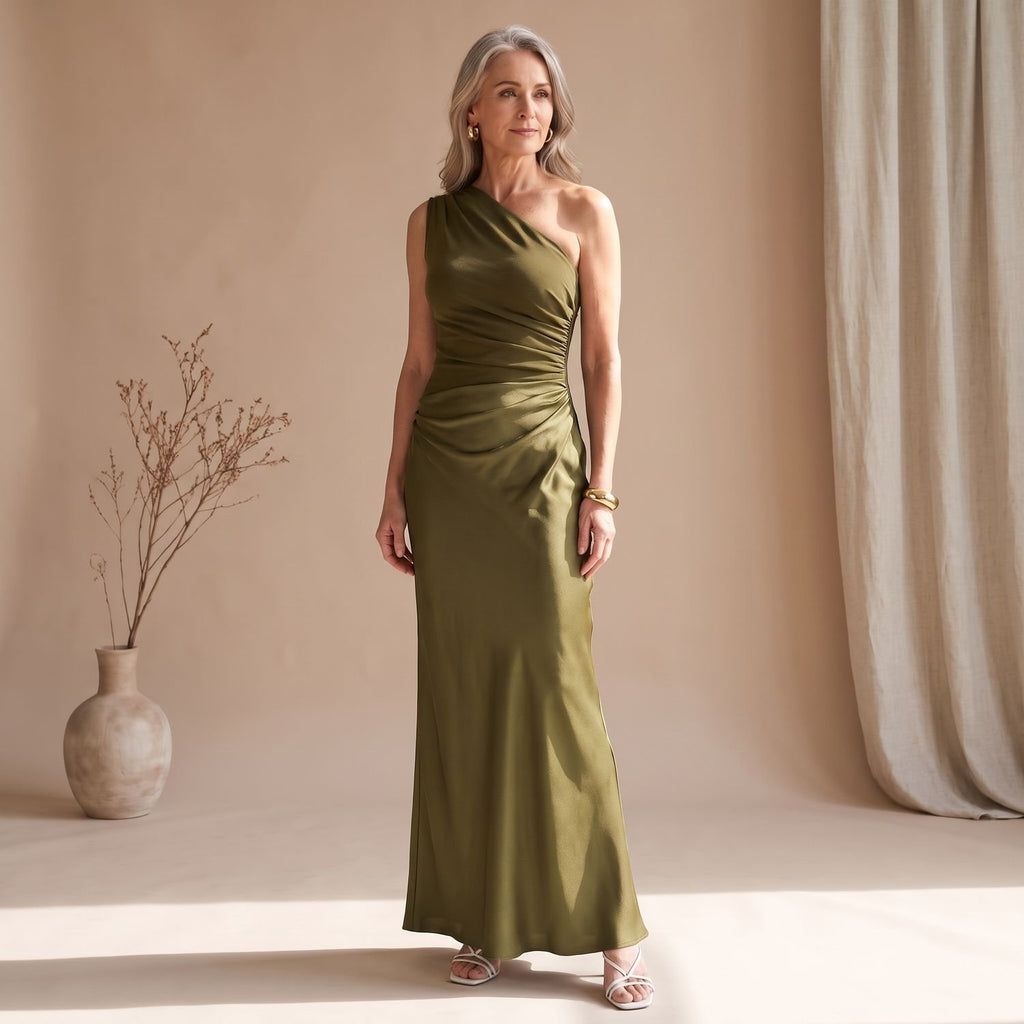 Women's One-Shoulder Satin Ruched Maxi Evening Dress - Olive Green