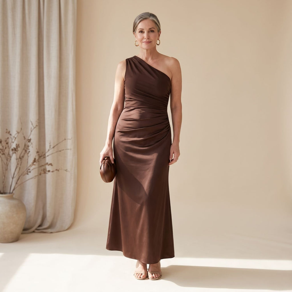 Women's One-Shoulder Satin Ruched Maxi Evening Dress
