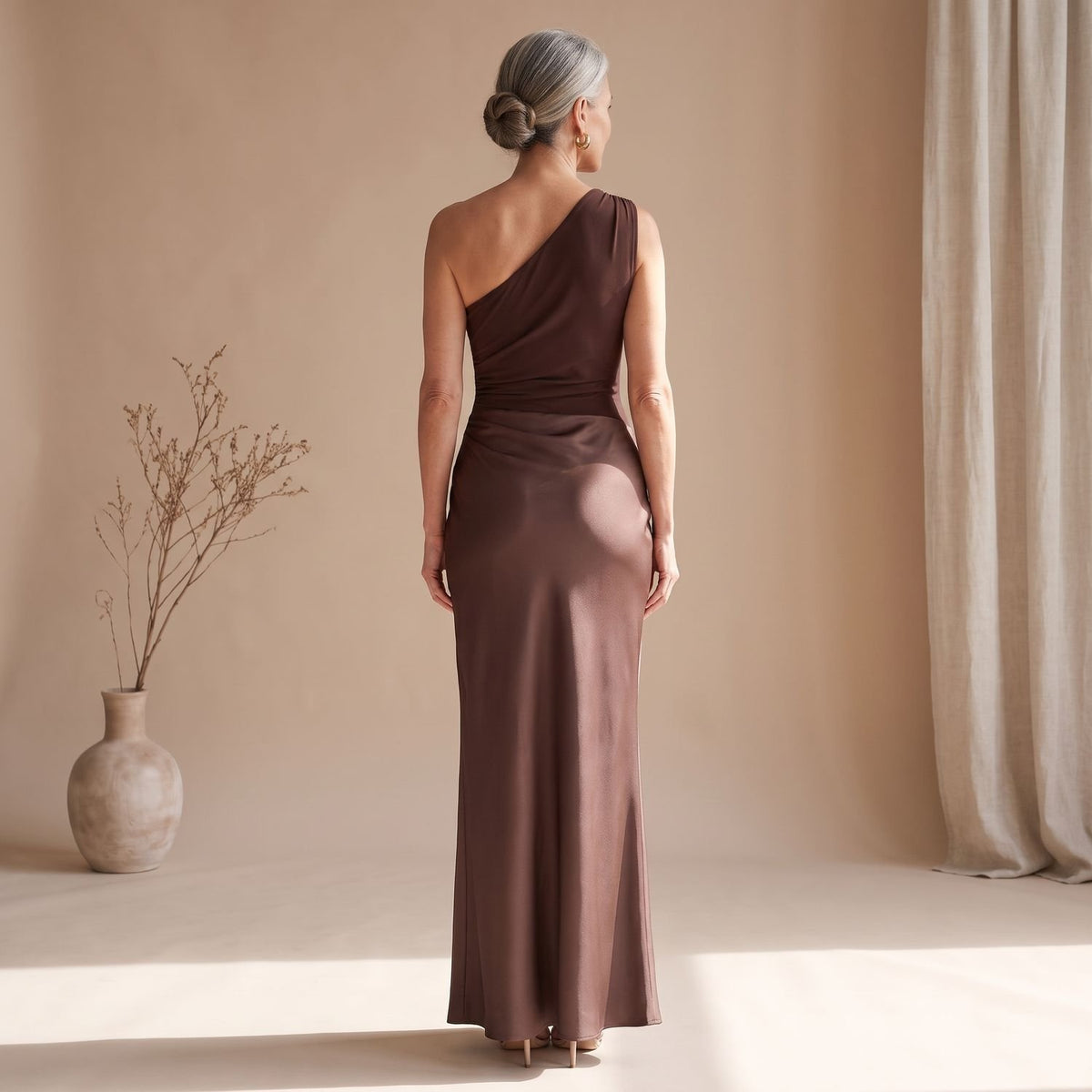 Women's One-Shoulder Satin Ruched Maxi Evening Dress