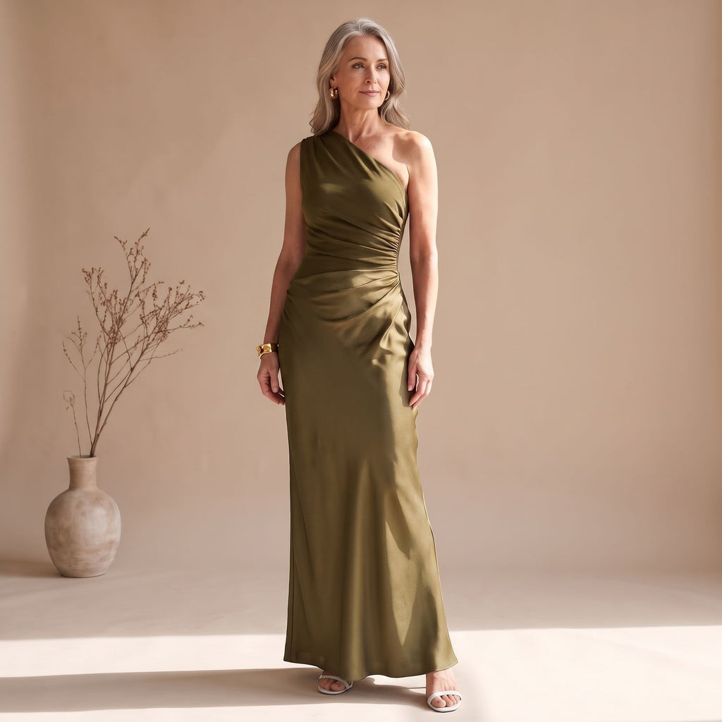Women's One-Shoulder Satin Ruched Maxi Evening Dress