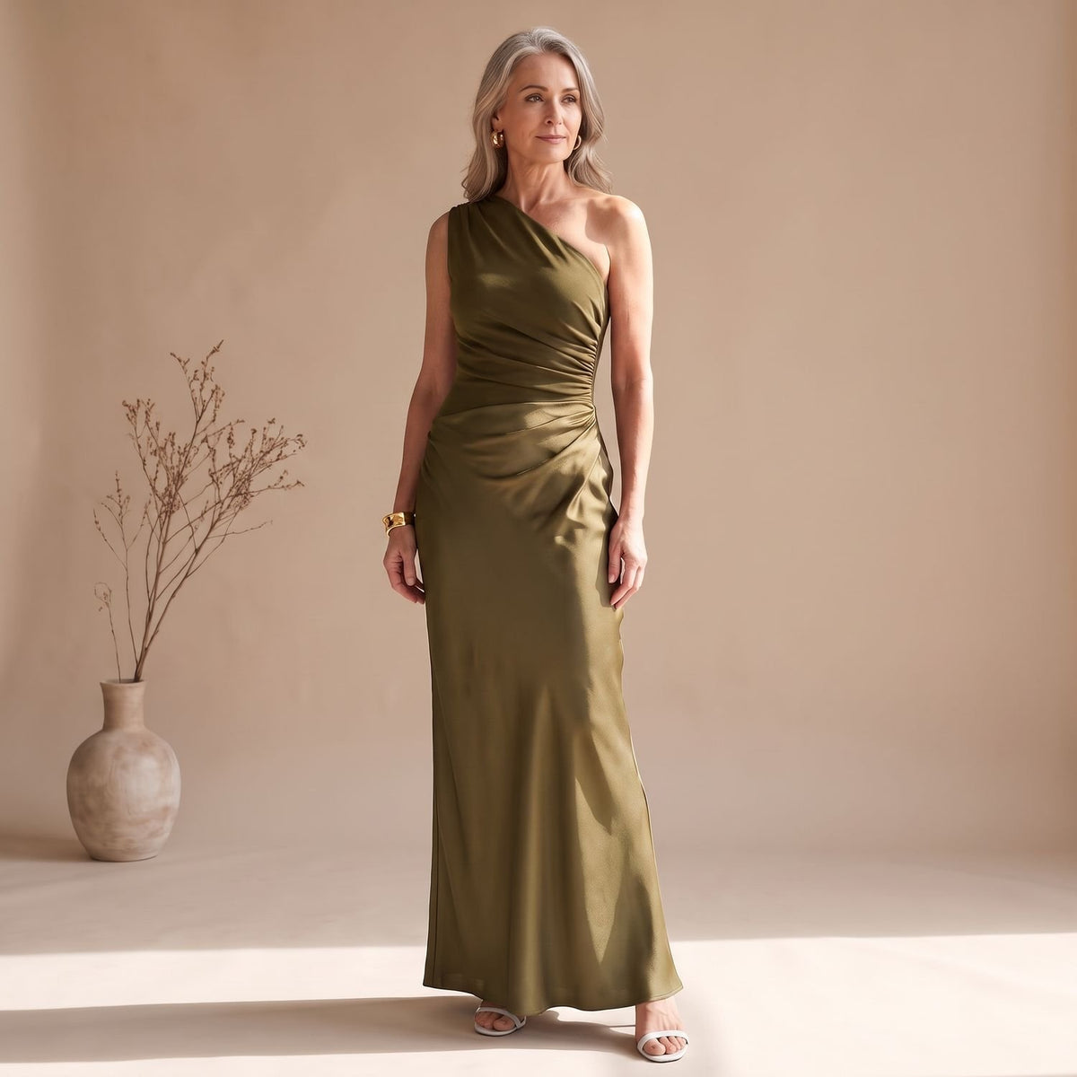 Women's One-Shoulder Satin Ruched Maxi Evening Dress