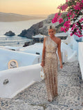 Women's One-Shoulder Sequin Maxi Cocktail Dress Side Slit - Champagne
