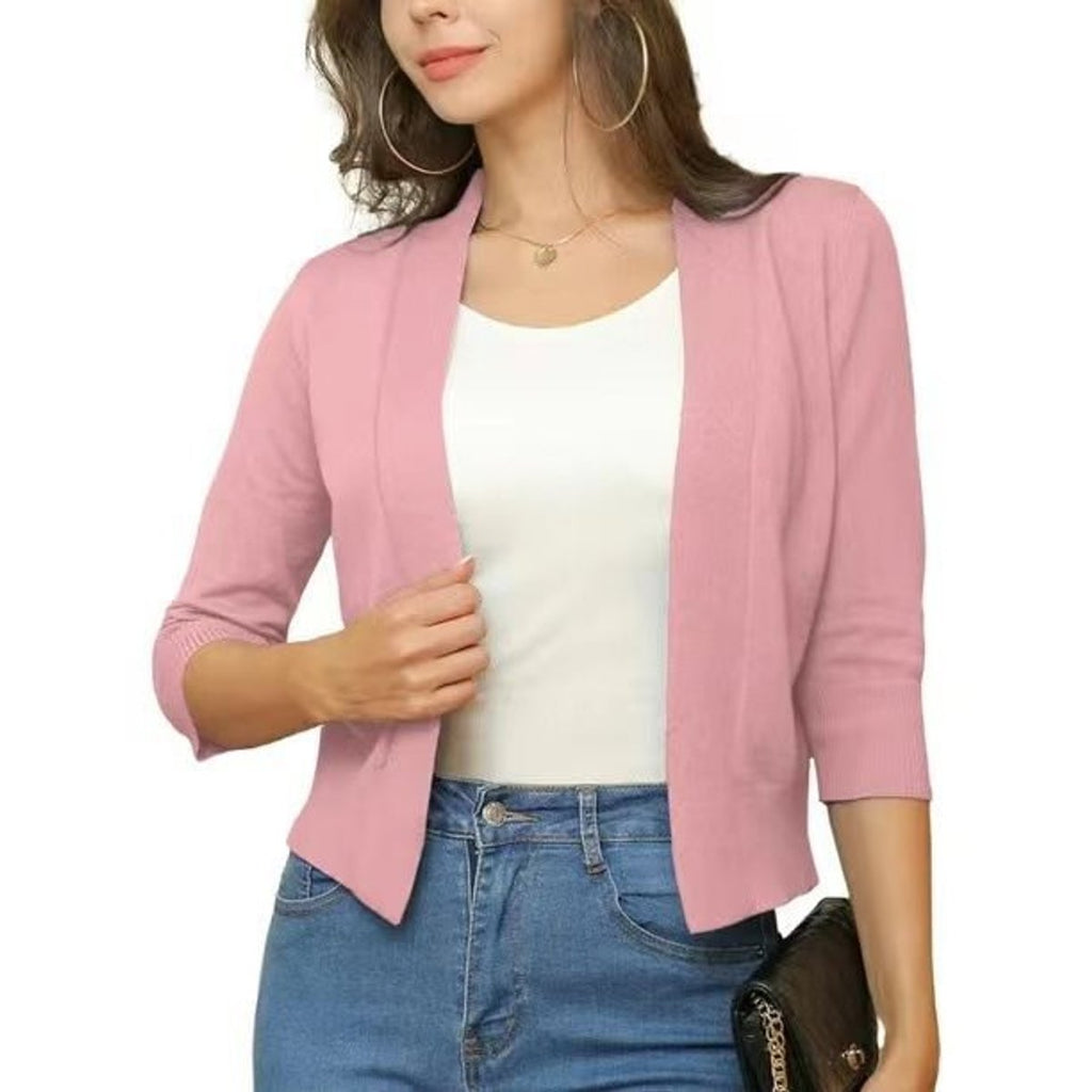 Women's Open-Front 3/4 Sleeve Cropped Cardigan - Rubber Red