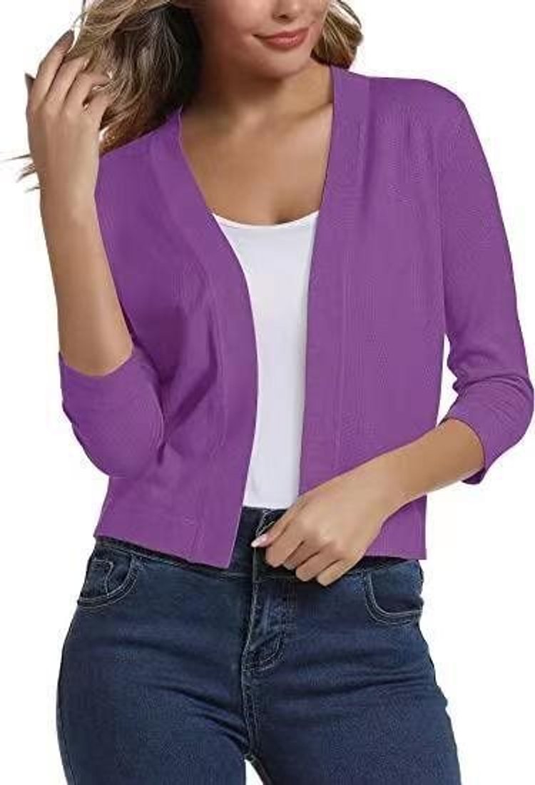 Women's Open-Front 3/4 Sleeve Cropped Cardigan - Purple