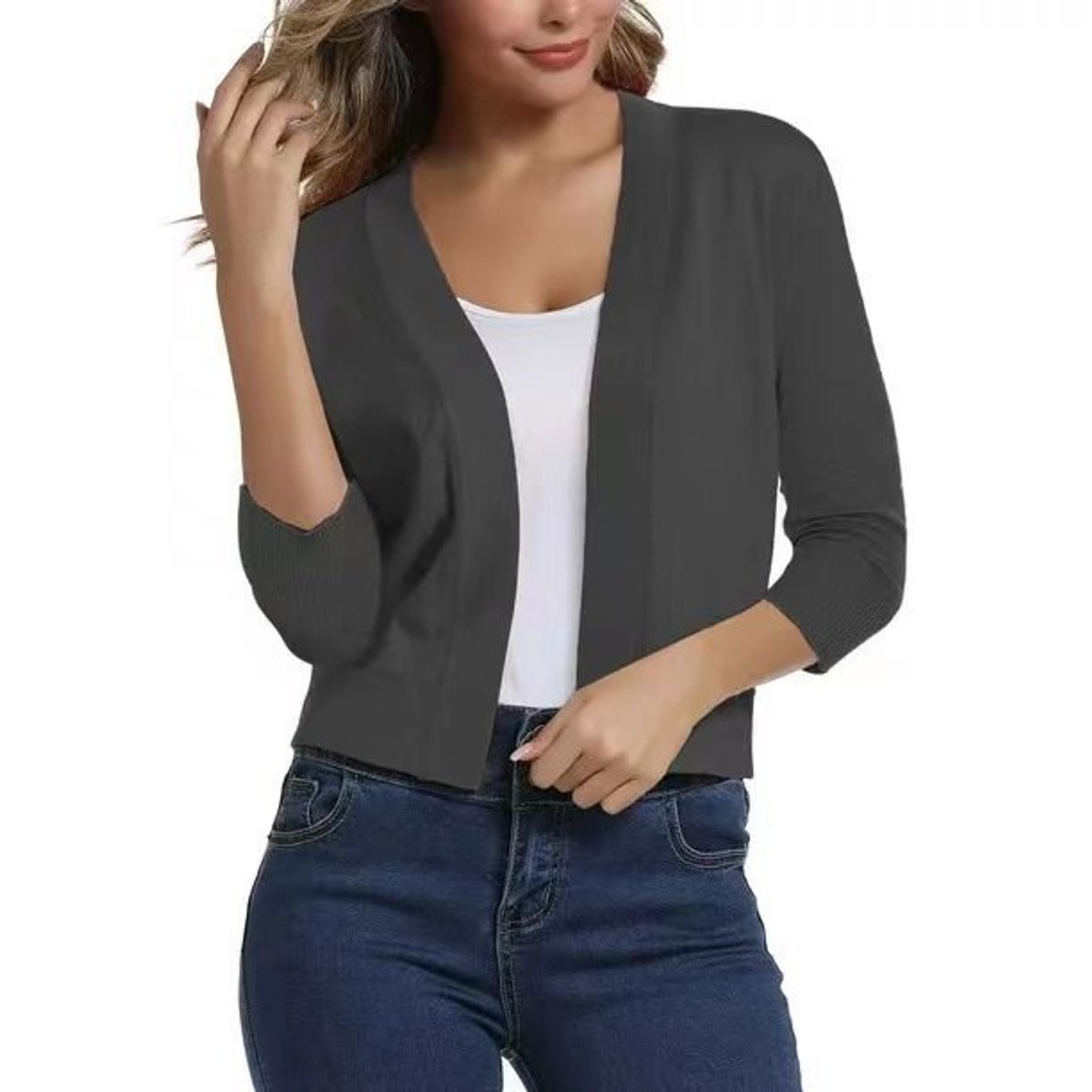 Women's Open-Front 3/4 Sleeve Cropped Cardigan - Gray