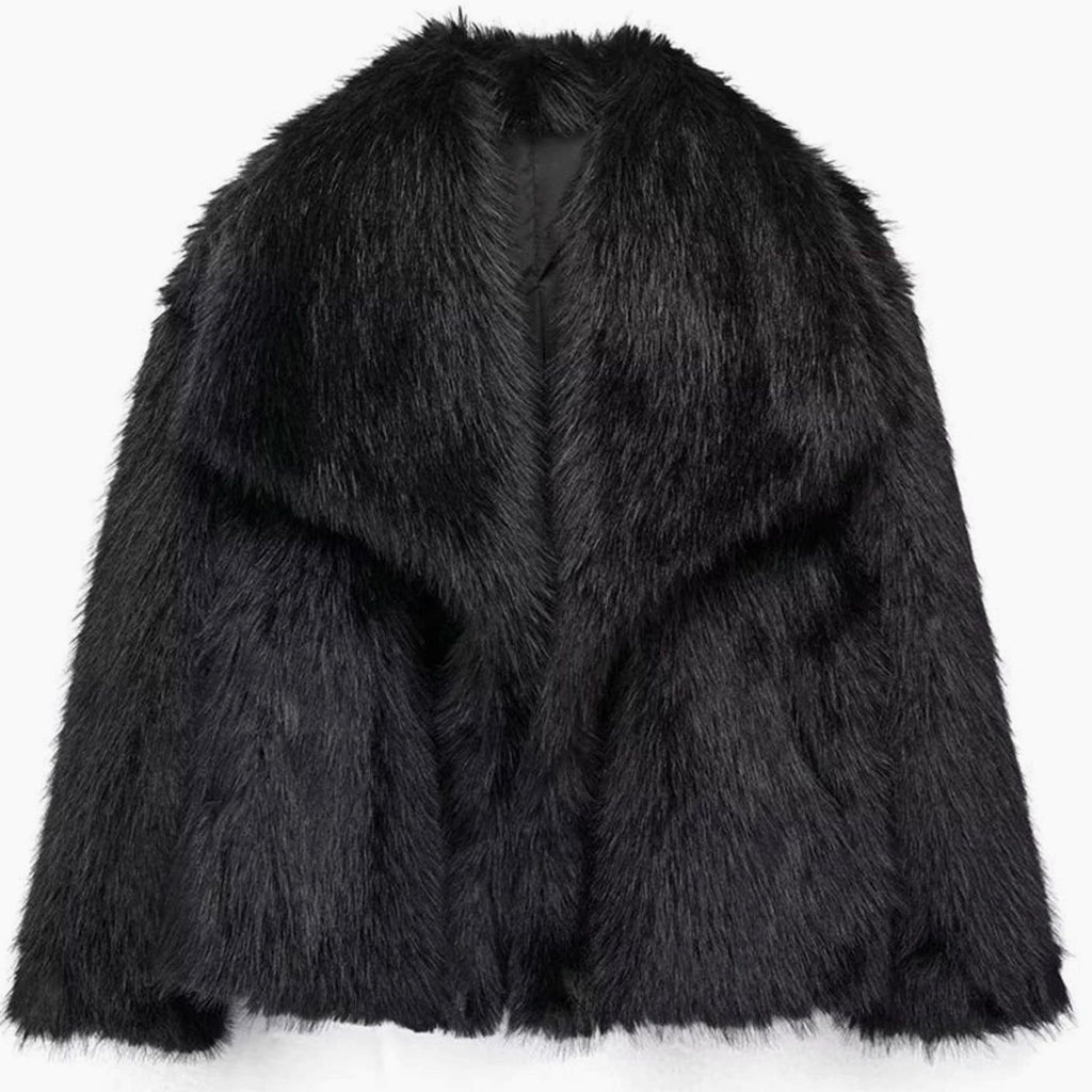 Women's Open-Front Cropped Faux Fur Winter Jacket - Black
