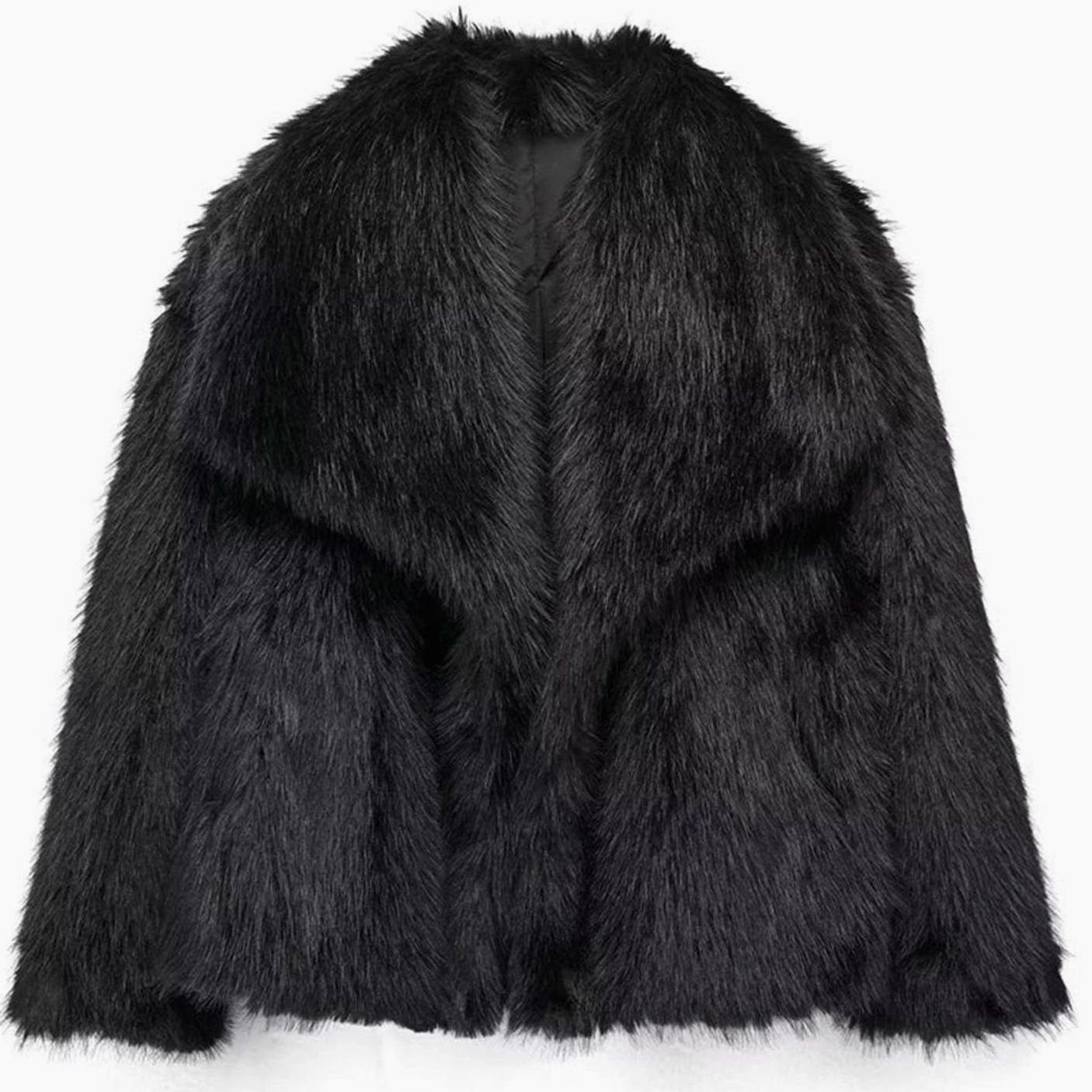Women's Open-Front Cropped Faux Fur Winter Jacket - Black