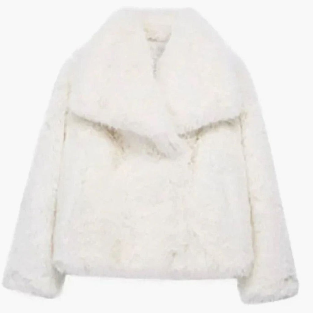 Women's Open-Front Cropped Faux Fur Winter Jacket - White