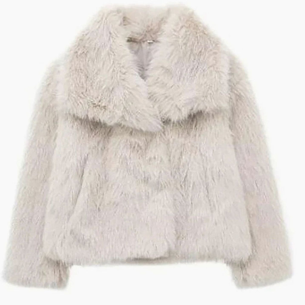 Women's Open-Front Cropped Faux Fur Winter Jacket - Cream