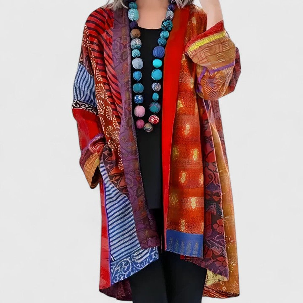 Women's Open-Front Patchwork Print Long Cardigan - Red