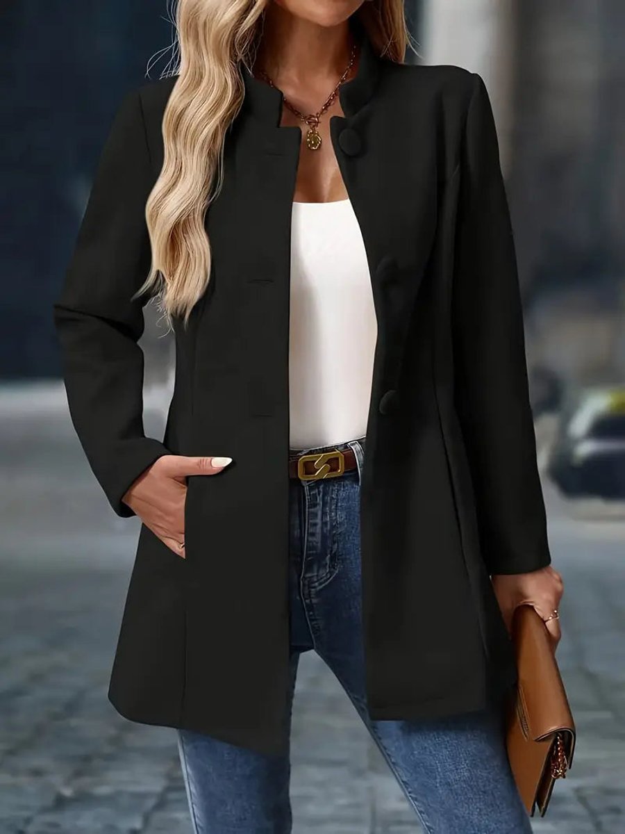 Women's Open-Front Stand-Collar Blazer Coat - Black