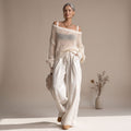 Women's Open-Knit Off-Shoulder Two Piece Set Wide-Leg Pants - White