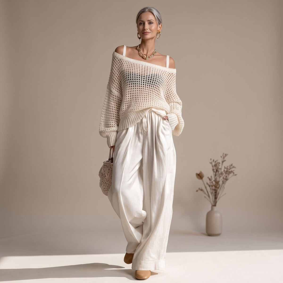 Women's Open-Knit Off-Shoulder Two Piece Set Wide-Leg Pants - White