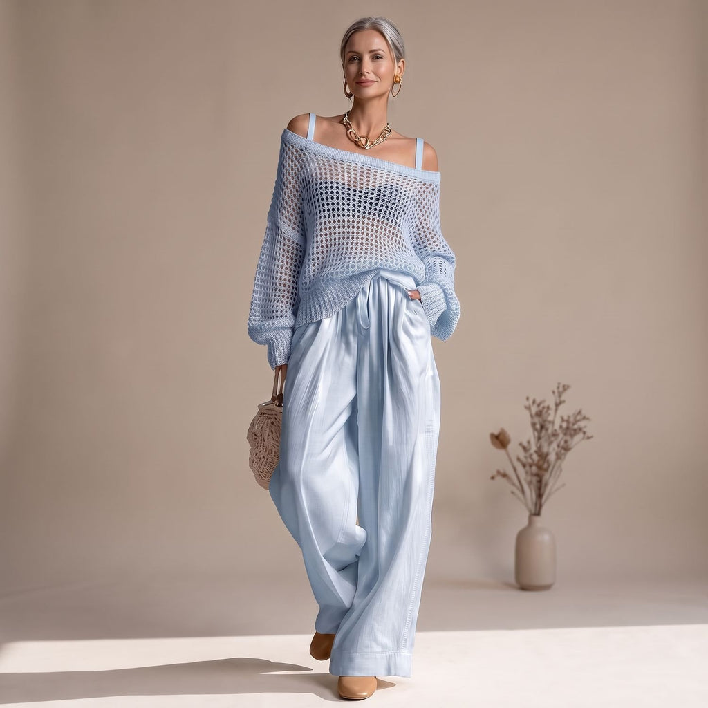 Women's Open-Knit Off-Shoulder Two Piece Set Wide-Leg Pants - Light Blue
