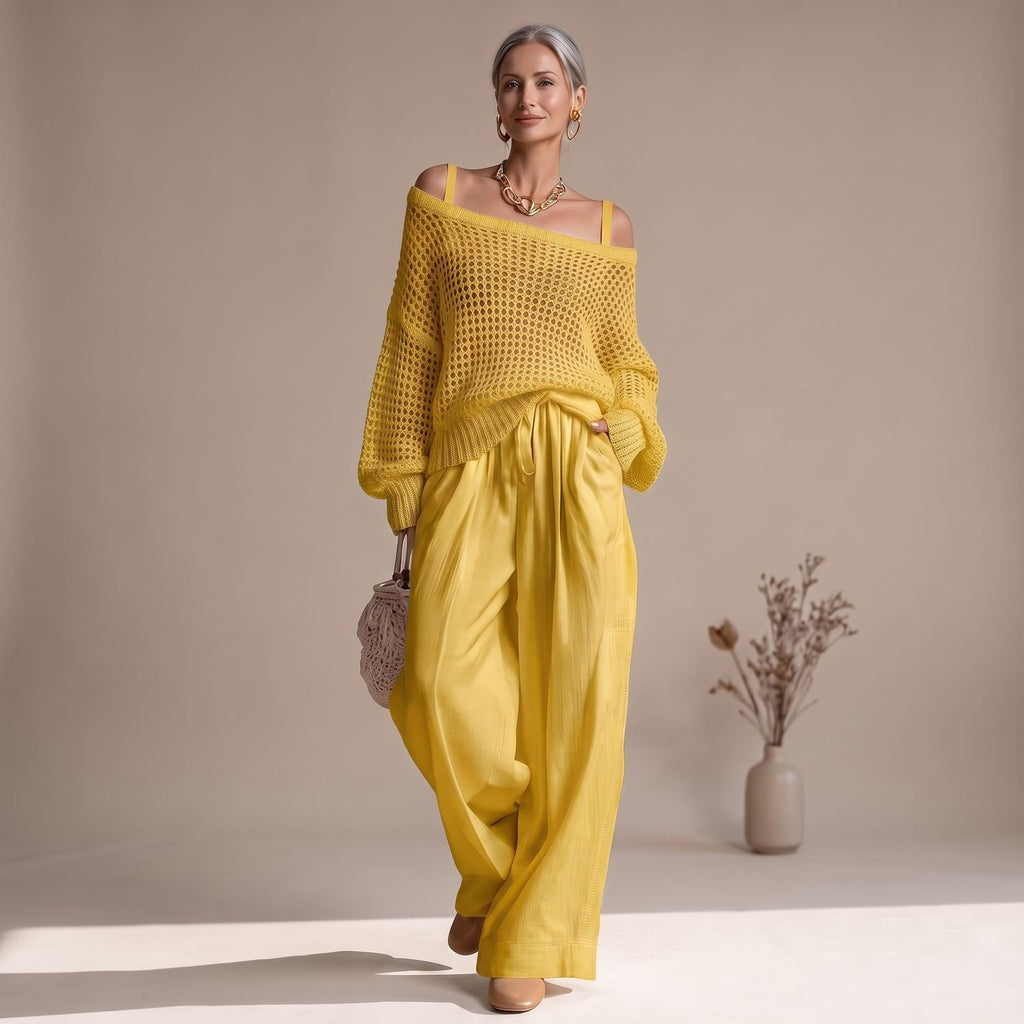 Women's Open-Knit Off-Shoulder Two Piece Set Wide-Leg Pants - Yellow