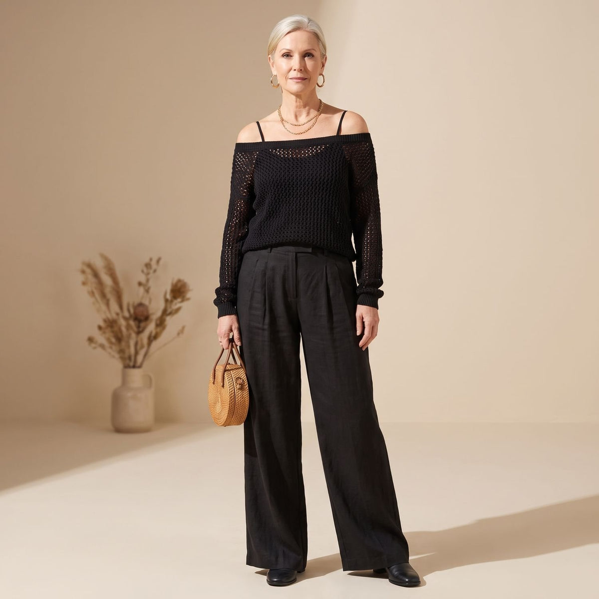 Women's Open-Knit Off-Shoulder Two Piece Set Wide-Leg Pants - Black