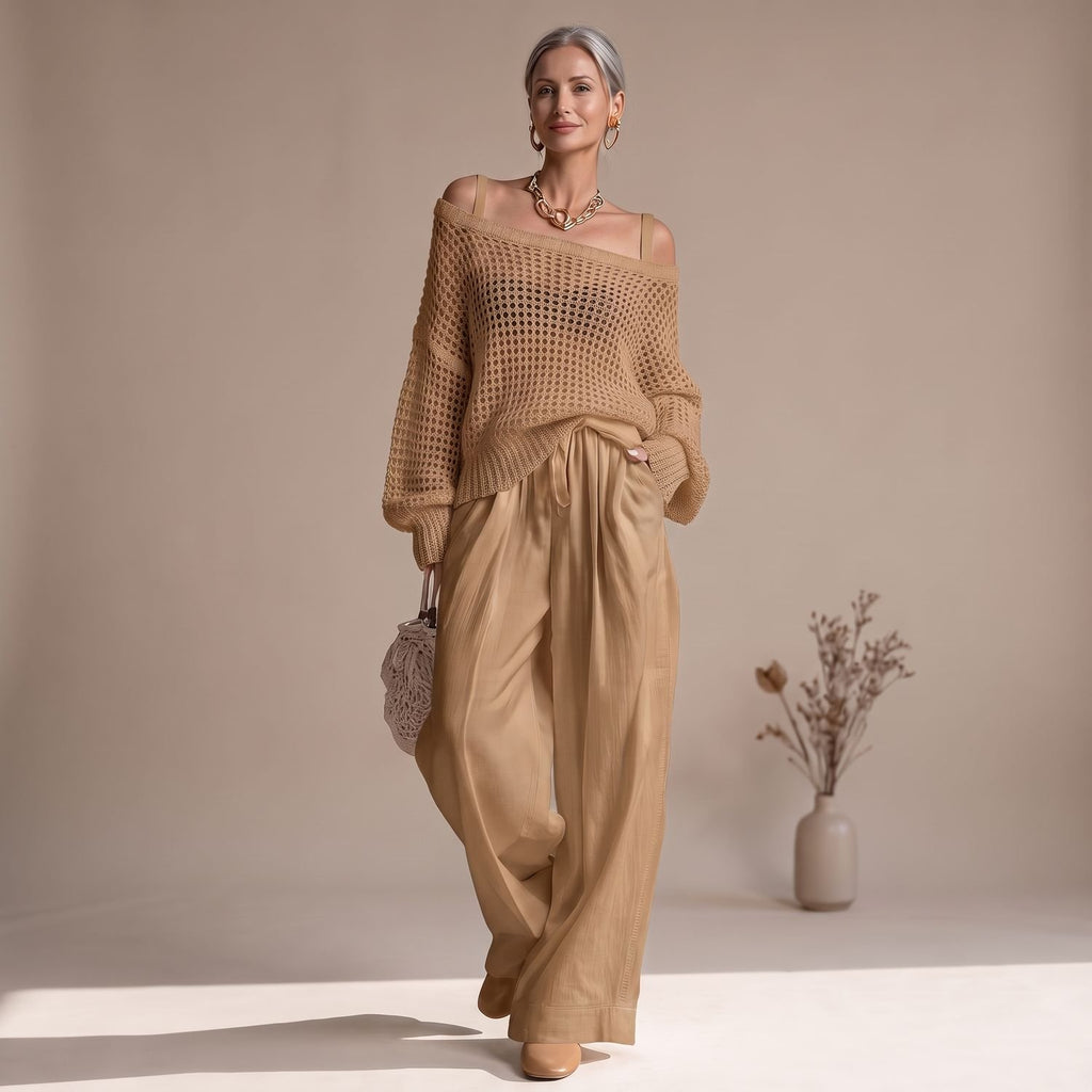 Women's Open-Knit Off-Shoulder Two Piece Set Wide-Leg Pants - Khaki