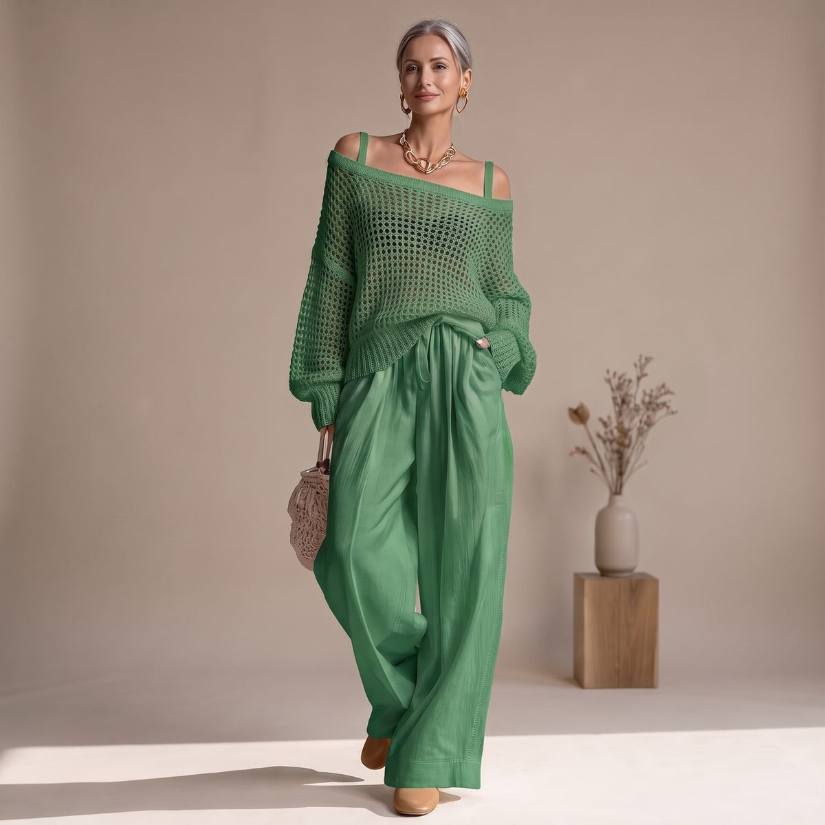 Women's Open-Knit Off-Shoulder Two Piece Set Wide-Leg Pants - Green