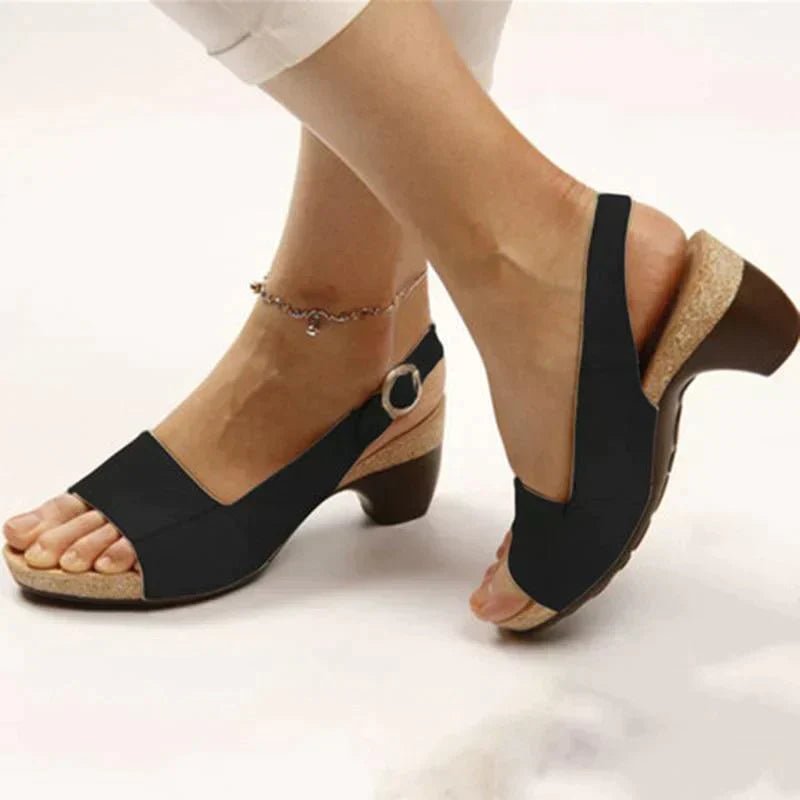 Women's Open-Toe Block Heel Slingback Buckle Sandals - Black