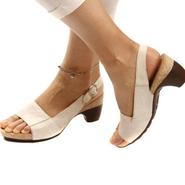 Women's Open-Toe Block Heel Slingback Buckle Sandals - Beige