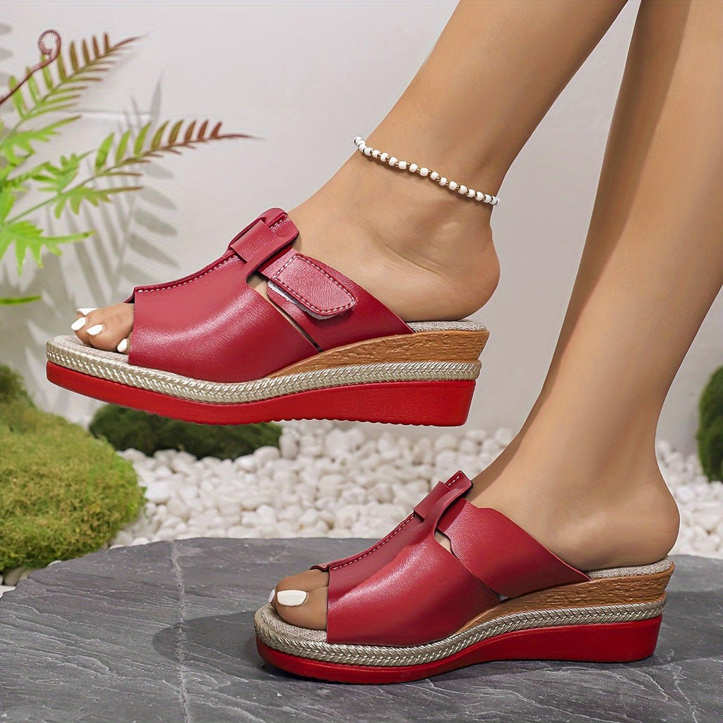 Women's Open-Toe Wedge Velcro Comfortable Sandals - Red