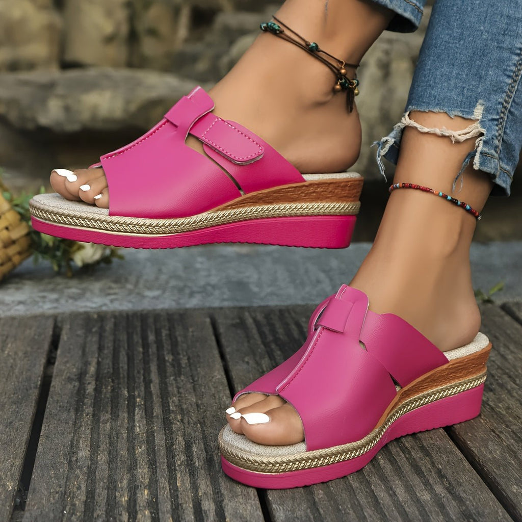 Women's Open-Toe Wedge Velcro Comfortable Sandals - Magenta