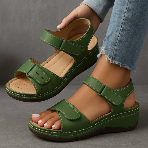 Women's Orthopedic Adjustable-Strap Wedge Sandals - Green